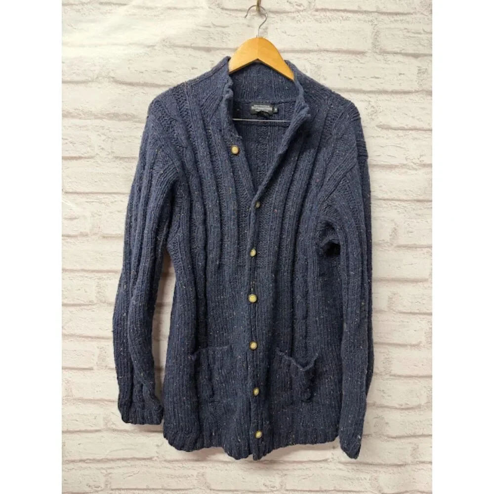 The J. Peterman Company Cardigan Sweater Medium Blue Wool Speckle Cable Knit